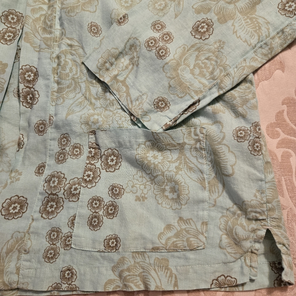 Cut Loose Linen Asian Inspired Floral Jacket Top Mint Brown Boho Large - Picture 6 of 9
